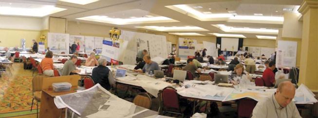 Several hundred architects and planners turned the Isle of Capri hotel in Biloxi, Miss., into a giant studio for a week, working around the clock with local leaders on plans for rebuilding the region. Several hundred architects and planners turned the Isle of Capri hotel in Biloxi, Miss., into a giant studio for a week, working around the clock with local leaders on plans for rebuilding the region.

For the triangular center of Long Beach, Miss. (top center), a sketch proposed a repaired and expanded marina bordered by a 15-acre waterfront park. Other solutions (opposite page, bottom row) include a civic square to ease traffic flow and housing for a variety of ages and income levels.