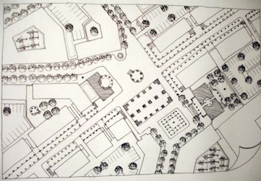 For the triangular center of Long Beach, Miss. (top center), a sketch proposed a repaired and expanded marina bordered by a 15-acre waterfront park. Other solutions (opposite page, bottom row) include a civic square to ease traffic flow and housing for a variety of ages and income levels.
