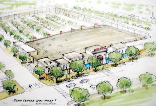 The architects created a village-scale solution to a damaged Wal-Mart store in Pass Christian, Miss., that wraps the warehouse and parking lot with smaller retail stores and second-floor housing (above).