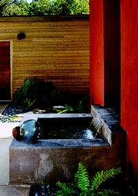 Custom Home Outdoors, Fall 2004 Water World  Architect: House and House, San Francisco; Builder: Innovation Builders, Emeryville, Calif.; Fountain consultant: David Goeppe, San Francisco; Landscape designer: Christine Swanson, Berkeley, Calif.   This private, Japanese-inspired courtyard warps around a waterfall-fed pool. The sound of the rushing water echoes off the three walls enclosing the courtyard, evoking a “Zen feeling that's not overpowering,” says project architect Amanda Hajjar.