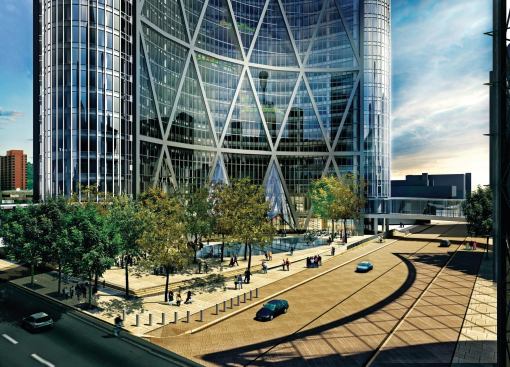 Landscaping, entrance canopies, and the Bow's curved shape help shield pedestrians on the southern entrance plaza from strong winds.