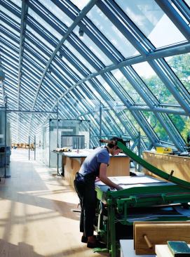 The majority of the work in the preservation department can be done in natural light, but enclosed spaces were added for light-sensitive applications.