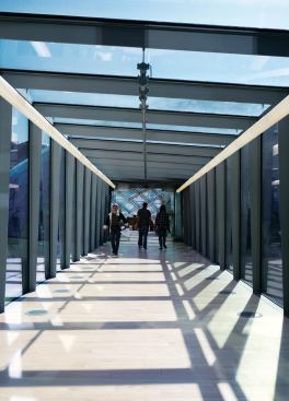 The reading room enclosed within is accessed via a glass-enclosed walkway that connects to the neighboring Joseph Regenstein Library.