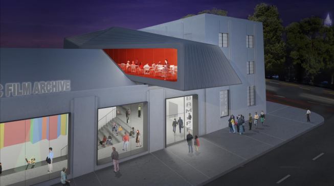 Cantilevered café projecting over entrance.