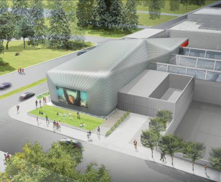 Aerial view of addition from Northwest.