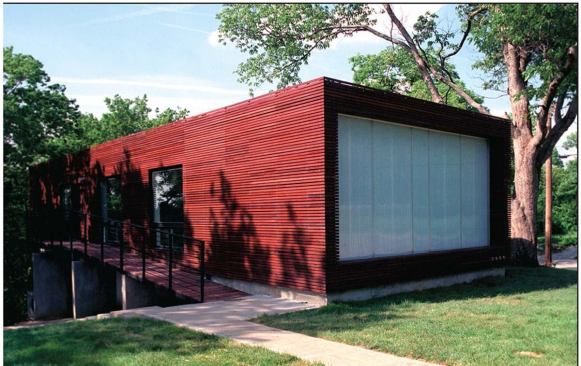 Studio 804 built its first prefabricated house in 2004. Modular 1 (top) consists of five modules, each dedicated to a different function. Modular 2 (above) incorporates maple flooring from an old gymnasium and leftover channel glass from a nearby museum expansion.