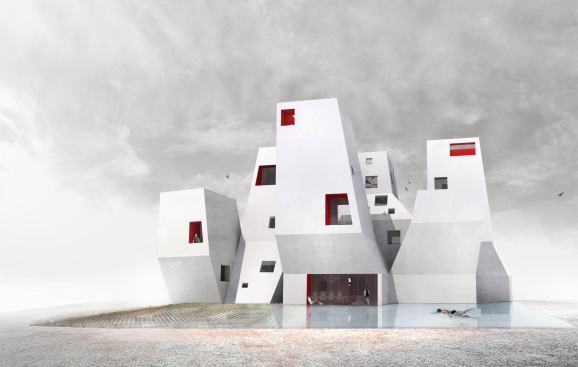 The firm was included in a global selection of 100 architects curated by Ai WeiWei and Herzog and deMeuron. This prototypical housing tower contains a separate and distinct program: entry, living, food, exercise, sleeping, and bathing.