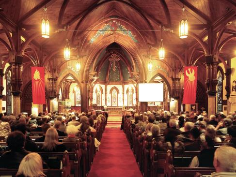 The historic Anglican Church in the nearby World Heritage–designated fishing village of Lunenburg, where the keynote speeches were held each evening for about 500 to 600 people, including the public.