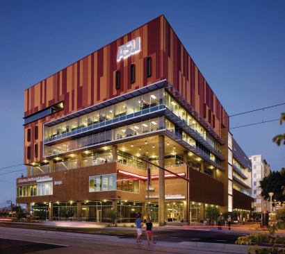 The new Walter Cronkite School of Journalism at Arizona State University brings 223,000 square feet of space to the campus and includes classrooms, television studios, and multipurpose meeting spaces. Construction was helped greatly by the city of Phoenix, which fast-tracked permitting, issuing at one point in the process 28 permits in a single day.
