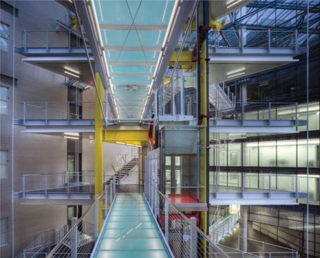 Designed by the noted U.K.-based firm Rogers Stirk Harbour + Partners in collaboration with HKS, the newly constructed 300 New Jersey Avenue in Washington, D.C., centers on a light-filled atrium with a highly articulated glass and steel structure of stairs and connecting bridges that unites three surrounding buildings.