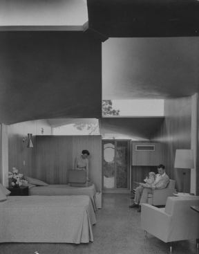 Modern motel interior view.