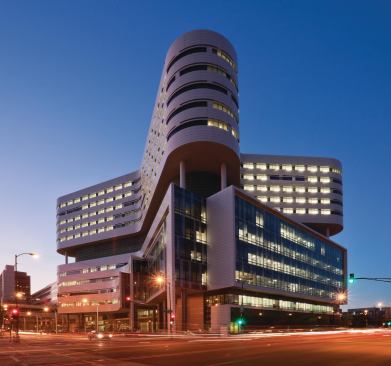 The stacked tower of Rush University Medical Center's new twoer allows a large amount of programming to fit on the urban site.
