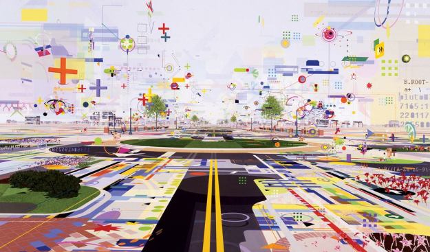 Benjamin EdwardsImmersion, 2004

Learning From Las Vegas meets The Matrix on the enormous, colorful surface of Edwards' 75-by-125-inch canvas. The Washington, D.C., artist collages images of suburbia, technology, and the brand economy into a seductive yet disturbing vision of contemporary life. Watch an animation of the making of Immersion on Edwards' website, benjaminedwards.net.