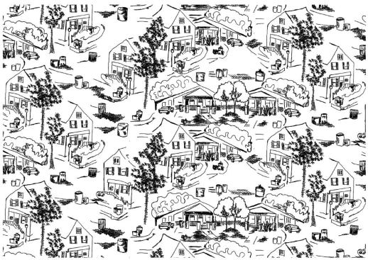 Jessica SmithTrash Day, 2007

Textile designer Smith sends up a weekly suburban ritual in Trash Day, a silk fabric based on 18th century toile de Jouy prints. Other patterns from her company, Domestic Element, satirically appropriate such icons of suburbia as Levittown, freeway interchanges, and the Hummer.