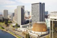The cathedral's site on the shore of Lake Merritt is 16 feet lower than the surrounding city streets.