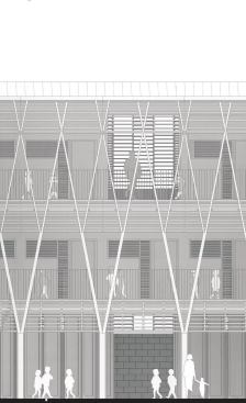 The support structure for the balconies mimics the branching of trees.