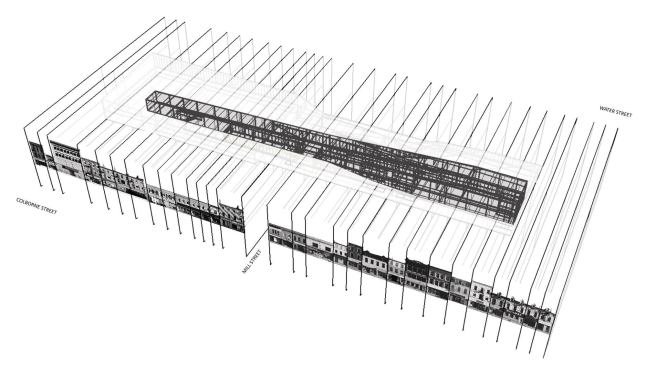 Massing study comparing building profile to existing neighborhood fabric.