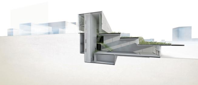 Section showing stepped green roofs.