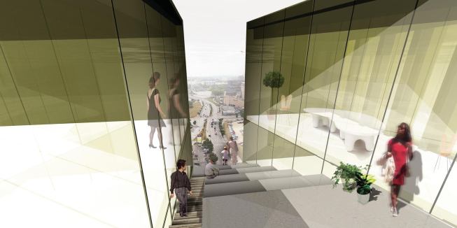 To create public spaces and to bring light and air into the building core, the tower is perforated by five open-air voids that are accessible to building tenants. These apertures are angled to accommodate interfloor stairs and feature seating areas and gathering spaces.