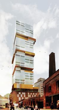 Exterior rendering, showing tower emerging from reclaimed wine storage building.