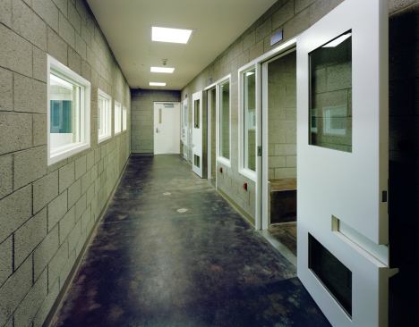 The holding cells are located in the booking area on the first floor. Here, in one  of the few interior spaces that doesn't feature colored rubber flooring or natural light, security and durability are at a premium.
