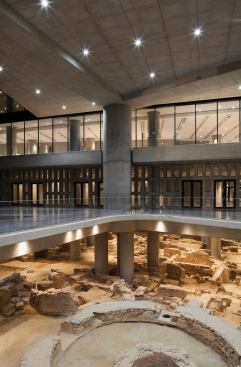 The base of the museum hovers over ongoing archaeological excavations, which visitors can view from balconies and through glass flooring.