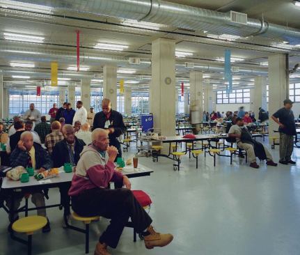 Residents can gather in several public spaces to listen to a presentation in the mission's main meeting space (far bottom left) or in the main cafeteria (bottom middle), which can seat 600 and serves 1,800 meals three times a day. Quiet reflection is allowed in the chapel (bottom, near left), which is also used for regular religious services.