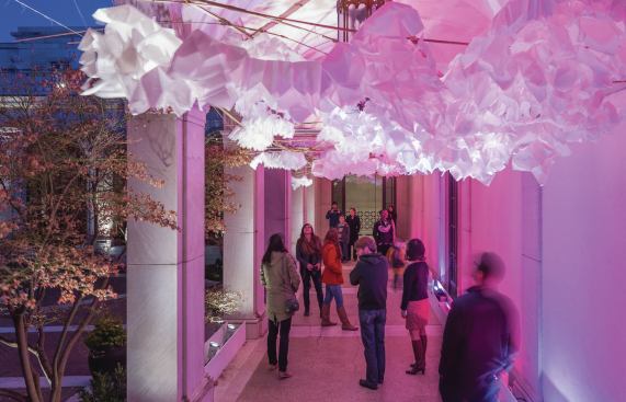Once the installation was complete, it pulsed with a spectrum of sound and color—from cool white to deep magenta, encouraging guests to explore the space and activate the light and sound around them. 