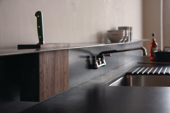 A new backsplash from 
Viola Park does triple duty in an often overlooked area of the kitchen. Its 5-inch powder-coated stainless steel shelf keeps cooking supplies and spices within easy reach while an integrated wood knife block holds 12 knives and comes in walnut, rift-cut white oak, and bamboo. Viola Park. 212.925.8190. 
www.violapark.com.