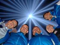 Space Cannon technicians, including general manager Giammaria Ravetti (far left), spent several days preceding the actual event, setting up and focusing the lights with help from designers at New York-based lighting design firm Fisher Marantz Stone, which is responsible for the memorial's concept
