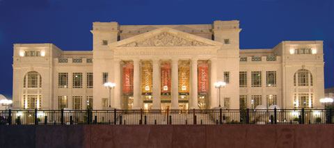 The building's neo-classical façade. 