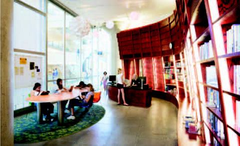 In the area of the library dedicated to teenagers, T2 lamps integrated in the millwork of an undulating red wall unit accent its curving shape. MR16s punch focused light onto the tables and colored bulbs in the pendants introduce an element of surprise.