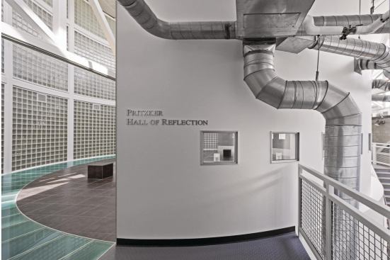 The Hall of Reflection is, intentionally, one of the lightest spaces in the building, representing the hope that comes out of learning from the experiences of those who suffered through the Holocaust. Skylights admit natural light into the space, and a glass block wall, square windows, and glass floor tiles ensure that every surface is in some way glazed.