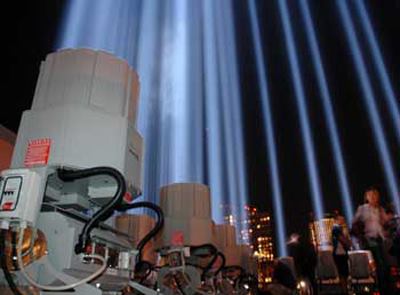 Space Cannon notes that, in deference to the event, the patented Leukos spotlights 'will be solely destined for use in the 'Tribute of Light' commemoration and will not be put into production or available for any commercial distribution.'