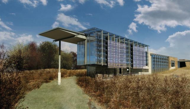 Southeast Wyoming Welcome Center
Architect: Anderson Mason Dale Architects, Denver. 
Completion: 2012. 
Brief: $11 million center will have a green roof, a rammed-earth Trombe wall, wind turbines, and PV panels.