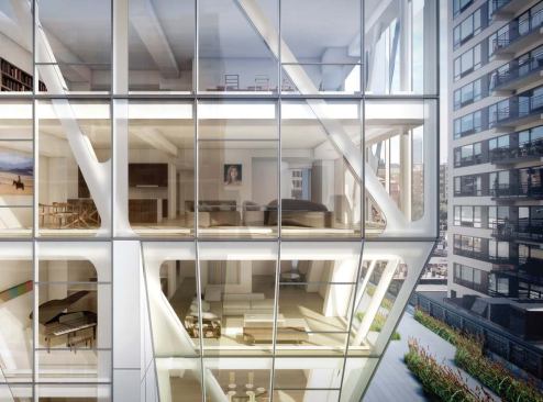 In a scheme by Neil Denari for a residential tower in Manhattan's West Chelsea neighborhood, the building's form projects slightly over the adjacent High Line, an elevated rail line being converted into a public park (above right). The strategy obviously increases the building's square footage and was supported by the city planning department because of the strength of the design and because the High Line actually cuts into the site.