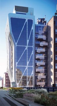 The building's reverse tapering was a strategy devised to make the most out of a small site, while still respecting the light and air needs of the surrounding buildings. The diagonal bracing was designed to properly support the unconventionally shaped structure and also contributes to the building's sculptural aesthetic.