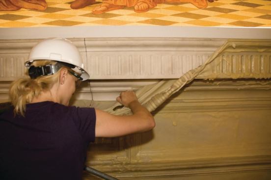 The marble surfaces were cleaned, though one patch was left dingy to highlight the difference.