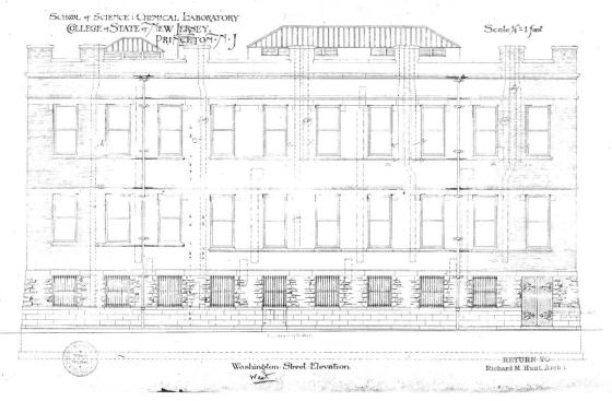 Richard Morris Hunt's original design for Princeton University's Chemical Laboratory, now known as Aaron Burr Hall, was a palazzo-style building, shaped like an L. 