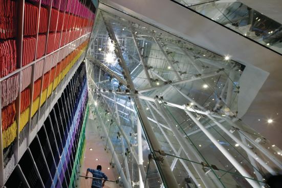Inside the "shard"—the atrium that connects all five floors of retail space—mannequins, dressed by company stylists, fly up and down on theatrical rigging designed by Louisville, Ky.-based "flying effects" company ZFX. "We wanted to draw on the shoppers innate sense of discovery as you move through the store," explains Bohlin Cywinski Jackson principal-in-charge Robert Miller.