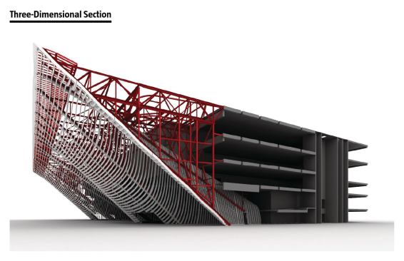 Three-dimensional section of the structure supporting the façade.