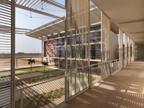 Shaded walkways between buildings.