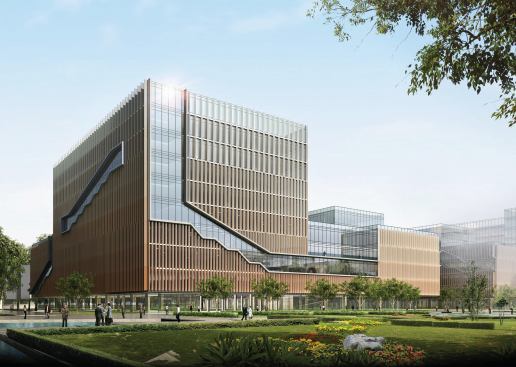 The buildings orient to the campus green at the arrival point.