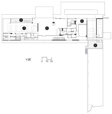 Second floor

1. entry

2. dining

3. pool

4. office

5. pro shop

6. men's lounge

7. men's locker

8. women's lounge

9. deck