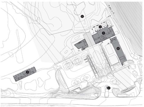 Site plan

1. Blessings Clubhouse

2. gatehouse

3. University of Arkansas facility

4. golf cart storage

5. Zen garden

6. archaeological preservation zone