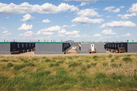 Temporary housing for oil industry workers in Williston, managed by BlackGold Oilfield Services.