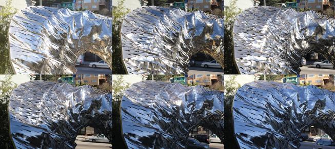 Surface change of Bloom over the course of a day in which temperatures ranged between 55 F and 86 F. The thermobimetal begins to activate around 70 F.