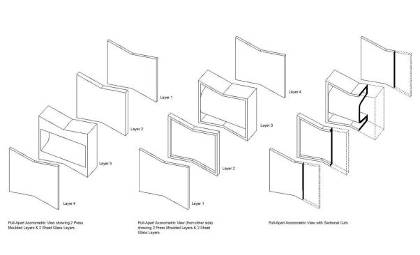 Exploded axonometric diagrams showing the glass layers of the block.