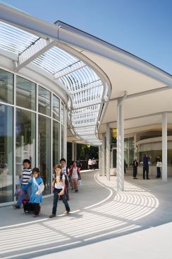 Breezeway with the gift shop volume on the left, and ticketing window on the right.