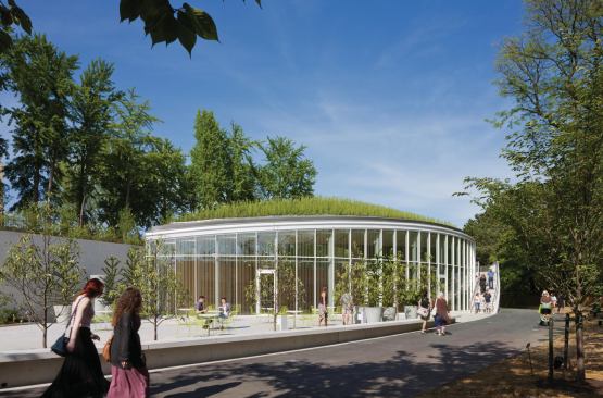 The building culminates at the western edge in a leaf-shaped event space partially embedded into the berm beyond. An exterior stair wraps this space and gives visitors access to the roof terrace.
